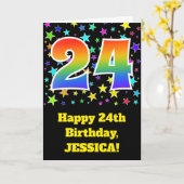 Farbenfrohe Sterne + Regenbogenmuster "24" Geburts Karte (Gelbe Blume)