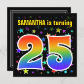Farbenfrohe Sterne + Regenbogenmuster "25" Geburts Einladung (Vorne/Hinten)