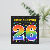 Farbenfrohe Sterne + Regenbogenmuster "26" Geburts Einladung (Stehend Vorderseite)