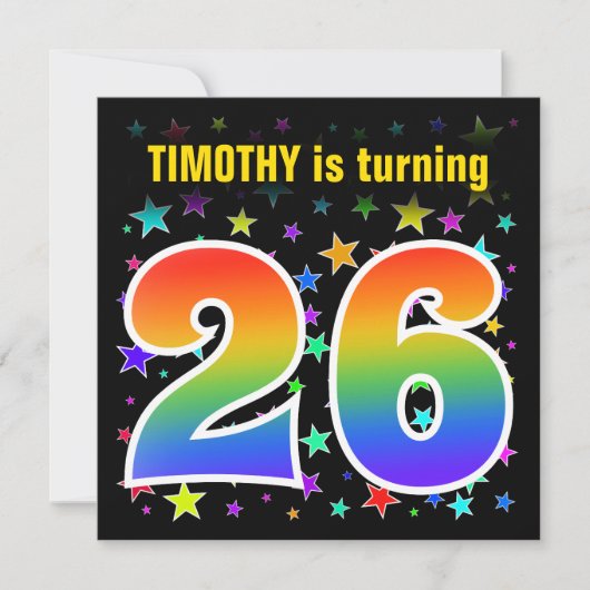Farbenfrohe Sterne + Regenbogenmuster "26" Geburts Einladung (Vorderseite)
