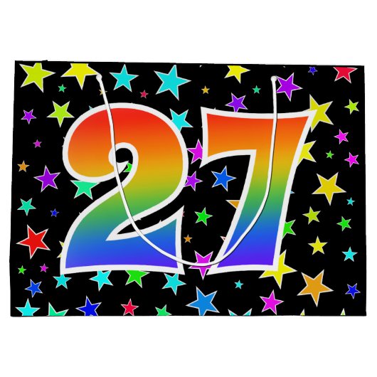 Farbenfrohe Sterne + Regenbogenmuster "27" Event # Große Geschenktüte (Rückseite)