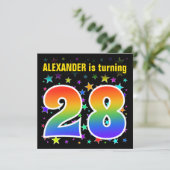 Farbenfrohe Sterne + Regenbogenmuster "28" Geburts Einladung (Stehend Vorderseite)