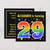 Farbenfrohe Sterne + Regenbogenmuster "29" Geburts Einladung (Vorne/Hinten)