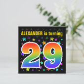 Farbenfrohe Sterne + Regenbogenmuster "29" Geburts Einladung (Stehend Vorderseite)