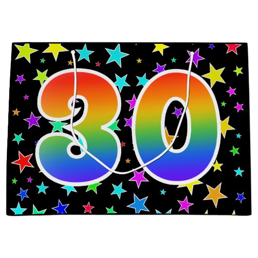 Farbenfrohe Sterne + Regenbogenmuster "30" Event # Große Geschenktüte (Vorderseite)