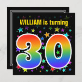 Farbenfrohe Sterne + Regenbogenmuster "30" Geburts Einladung (Vorne/Hinten)