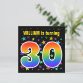Farbenfrohe Sterne + Regenbogenmuster "30" Geburts Einladung (Stehend Vorderseite)