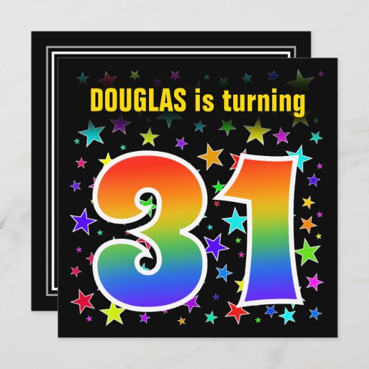 Farbenfrohe Sterne + Regenbogenmuster "31" Geburts Einladung (Vorne/Hinten)