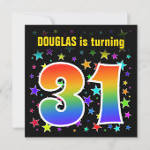 Farbenfrohe Sterne + Regenbogenmuster "31" Geburts Einladung (Vorderseite)