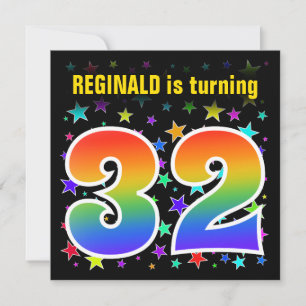 Farbenfrohe Sterne + Regenbogenmuster "32" Geburts Einladung