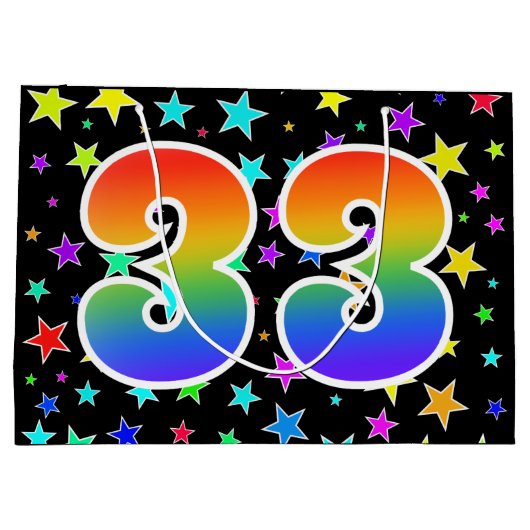 Farbenfrohe Sterne + Regenbogenmuster "33" Event # Große Geschenktüte (Rückseite)