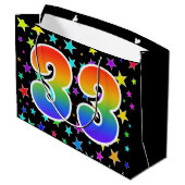 Farbenfrohe Sterne + Regenbogenmuster "33" Event # Große Geschenktüte (Rückseite Schrägansicht)