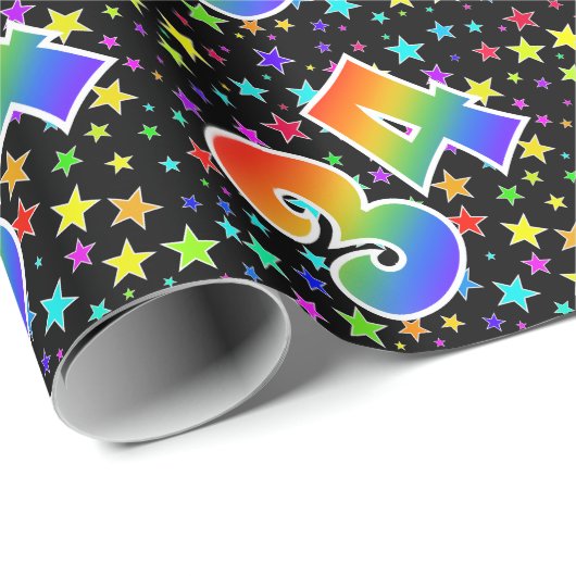 Farbenfrohe Sterne + Regenbogenmuster "34" Event # Geschenkpapier (Rolleneckpunkt)