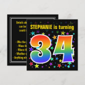 Farbenfrohe Sterne + Regenbogenmuster "34" Geburts Einladung (Vorne/Hinten)