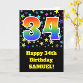 Farbenfrohe Sterne + Regenbogenmuster "34" Geburts Karte (Gelbe Blume)