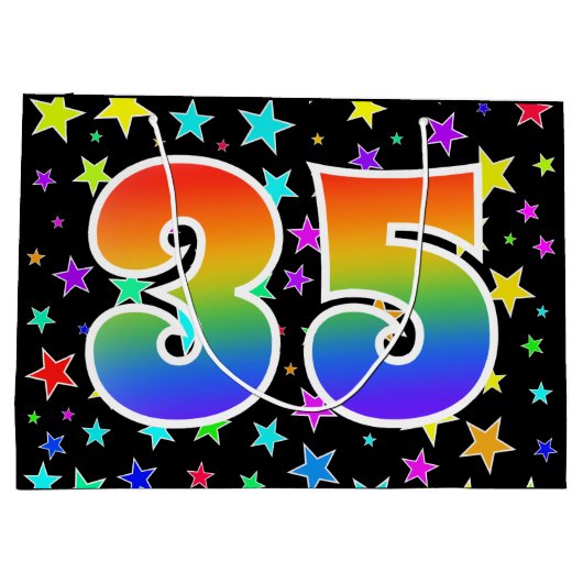 Farbenfrohe Sterne + Regenbogenmuster "35" Event # Große Geschenktüte (Rückseite)