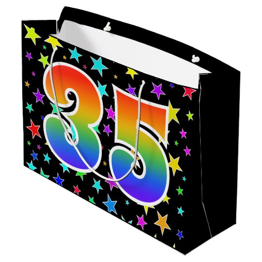 Farbenfrohe Sterne + Regenbogenmuster "35" Event # Große Geschenktüte (Rückseite Schrägansicht)