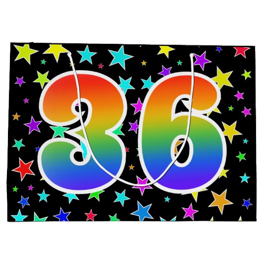 Farbenfrohe Sterne + Regenbogenmuster "36" Event # Große Geschenktüte (Rückseite)