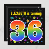 Farbenfrohe Sterne + Regenbogenmuster "36" Geburts Einladung (Vorne/Hinten)