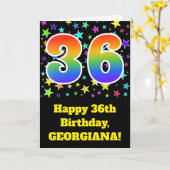 Farbenfrohe Sterne + Regenbogenmuster "36" Geburts Karte (Gelbe Blume)