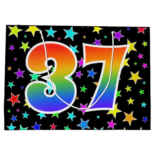 Farbenfrohe Sterne + Regenbogenmuster "37" Event # Große Geschenktüte (Rückseite)