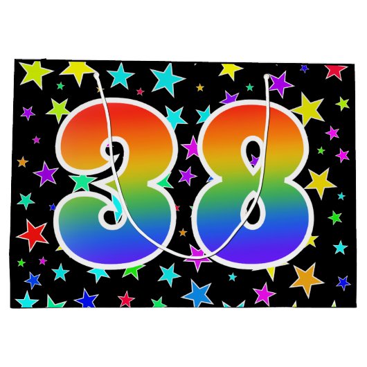 Farbenfrohe Sterne + Regenbogenmuster "38" Event # Große Geschenktüte (Rückseite)