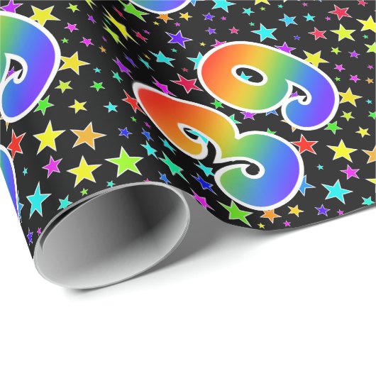 Farbenfrohe Sterne + Regenbogenmuster "39" Event # Geschenkpapier (Rolleneckpunkt)