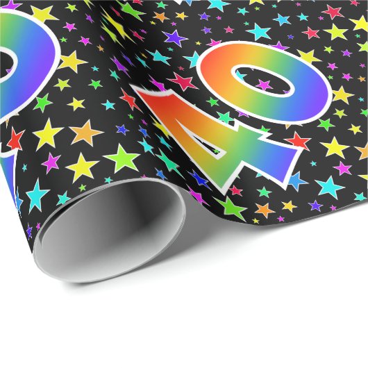 Farbenfrohe Sterne + Regenbogenmuster "40" Event # Geschenkpapier (Rolleneckpunkt)