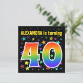 Farbenfrohe Sterne + Regenbogenmuster "40" Geburts Einladung (Stehend Vorderseite)