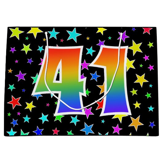 Farbenfrohe Sterne + Regenbogenmuster "41" Event # Große Geschenktüte (Vorderseite)
