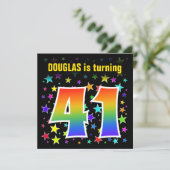 Farbenfrohe Sterne + Regenbogenmuster "41" Geburts Einladung (Stehend Vorderseite)