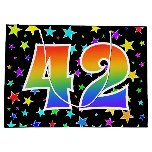 Farbenfrohe Sterne + Regenbogenmuster "42" Event # Große Geschenktüte (Rückseite)