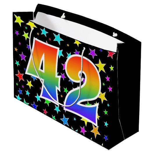 Farbenfrohe Sterne + Regenbogenmuster "42" Event # Große Geschenktüte (Rückseite Schrägansicht)