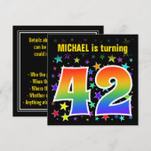 Farbenfrohe Sterne + Regenbogenmuster "42" Geburts Einladung (Vorne/Hinten)