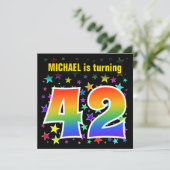 Farbenfrohe Sterne + Regenbogenmuster "42" Geburts Einladung (Stehend Vorderseite)