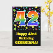 Farbenfrohe Sterne + Regenbogenmuster "42" Geburts Karte (Gelbe Blume)