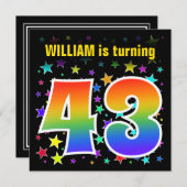 Farbenfrohe Sterne + Regenbogenmuster "43" Geburts Einladung (Vorne/Hinten)