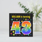 Farbenfrohe Sterne + Regenbogenmuster "43" Geburts Einladung (Stehend Vorderseite)