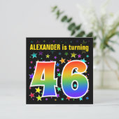 Farbenfrohe Sterne + Regenbogenmuster "46" Geburts Einladung (Stehend Vorderseite)