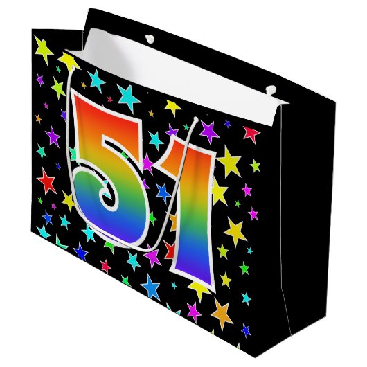 Farbenfrohe Sterne + Regenbogenmuster "51" Event # Große Geschenktüte (Vorderseite Schrägansicht)