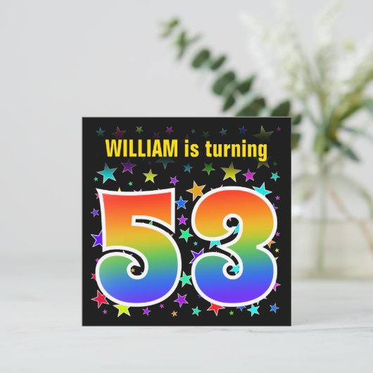 Farbenfrohe Sterne + Regenbogenmuster "53" Geburts Einladung (Stehend Vorderseite)