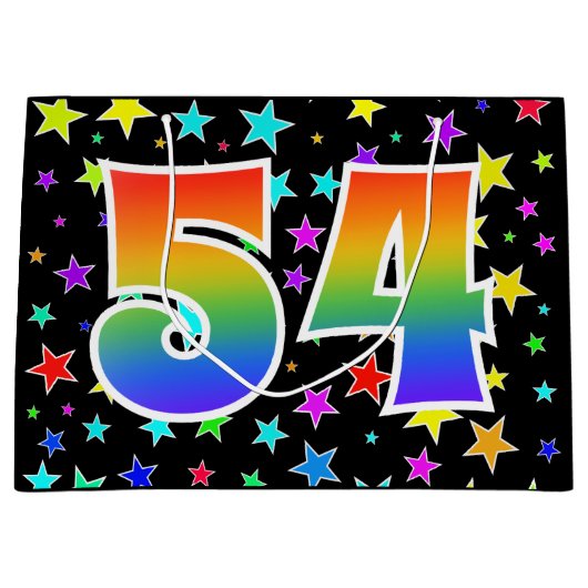 Farbenfrohe Sterne + Regenbogenmuster "54" Event # Große Geschenktüte (Vorderseite)