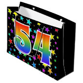 Farbenfrohe Sterne + Regenbogenmuster "54" Event # Große Geschenktüte (Vorderseite Schrägansicht)