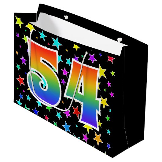 Farbenfrohe Sterne + Regenbogenmuster "54" Event # Große Geschenktüte (Vorderseite Schrägansicht)