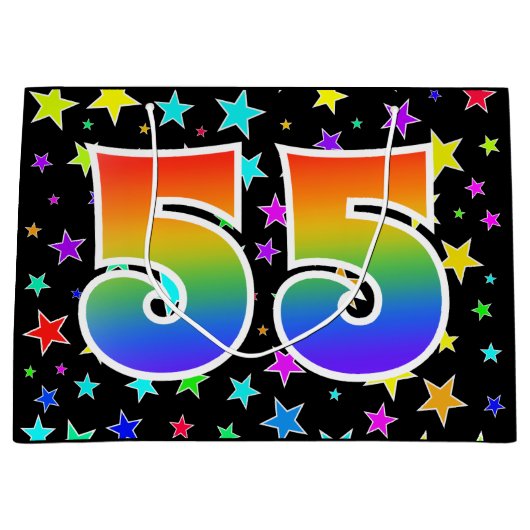 Farbenfrohe Sterne + Regenbogenmuster "55" Event # Große Geschenktüte (Vorderseite)