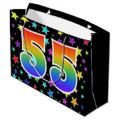 Farbenfrohe Sterne + Regenbogenmuster "55" Event # Große Geschenktüte (Rückseite Schrägansicht)