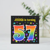 Farbenfrohe Sterne + Regenbogenmuster "57" Geburts Einladung (Stehend Vorderseite)