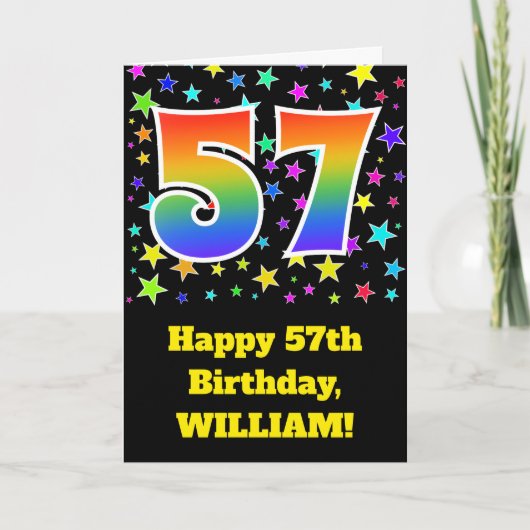 Farbenfrohe Sterne + Regenbogenmuster "57" Geburts Karte (Vorderseite)