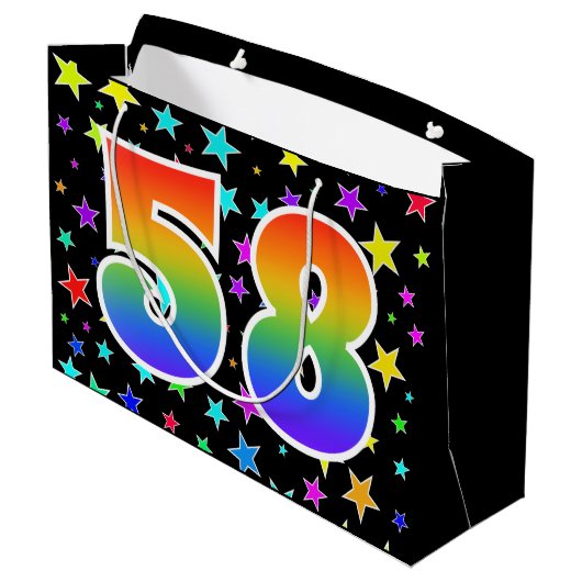 Farbenfrohe Sterne + Regenbogenmuster "58" Event # Große Geschenktüte (Rückseite Schrägansicht)
