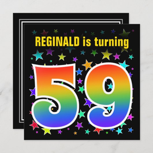 Farbenfrohe Sterne + Regenbogenmuster "59" Geburts Einladung (Vorne/Hinten)